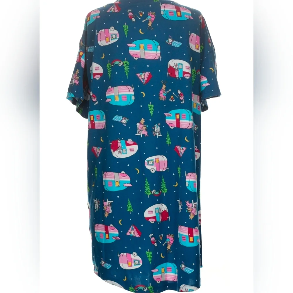 Secret Treasures Nightshirt Blue Camp Trailer Whimsical Critter pattern XL
